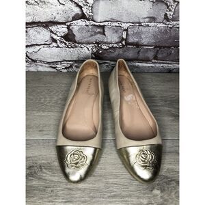 Taryn Rose Nude Pink Leather Gold Cap Toe Ballet Flats Women Sz 8M US/38.5EU